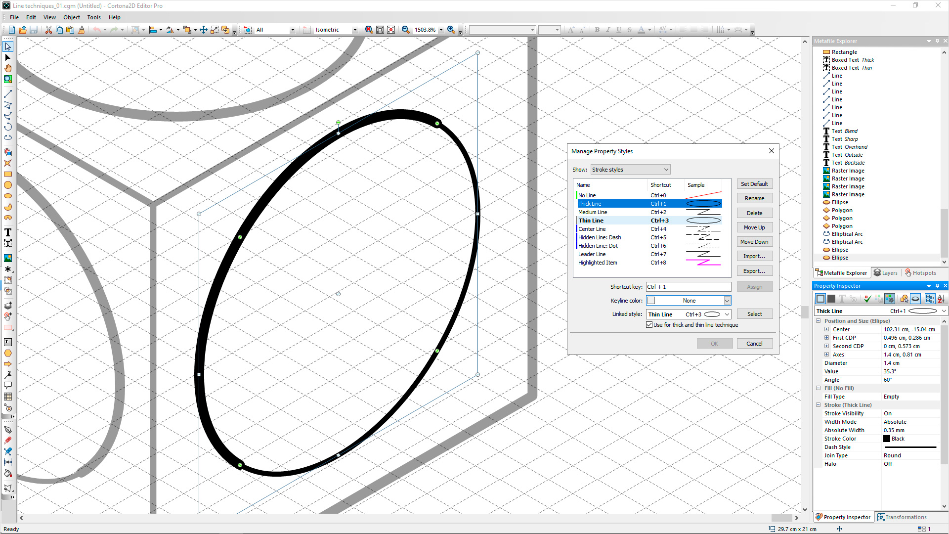 Thick and thin line techniques for 2d editing