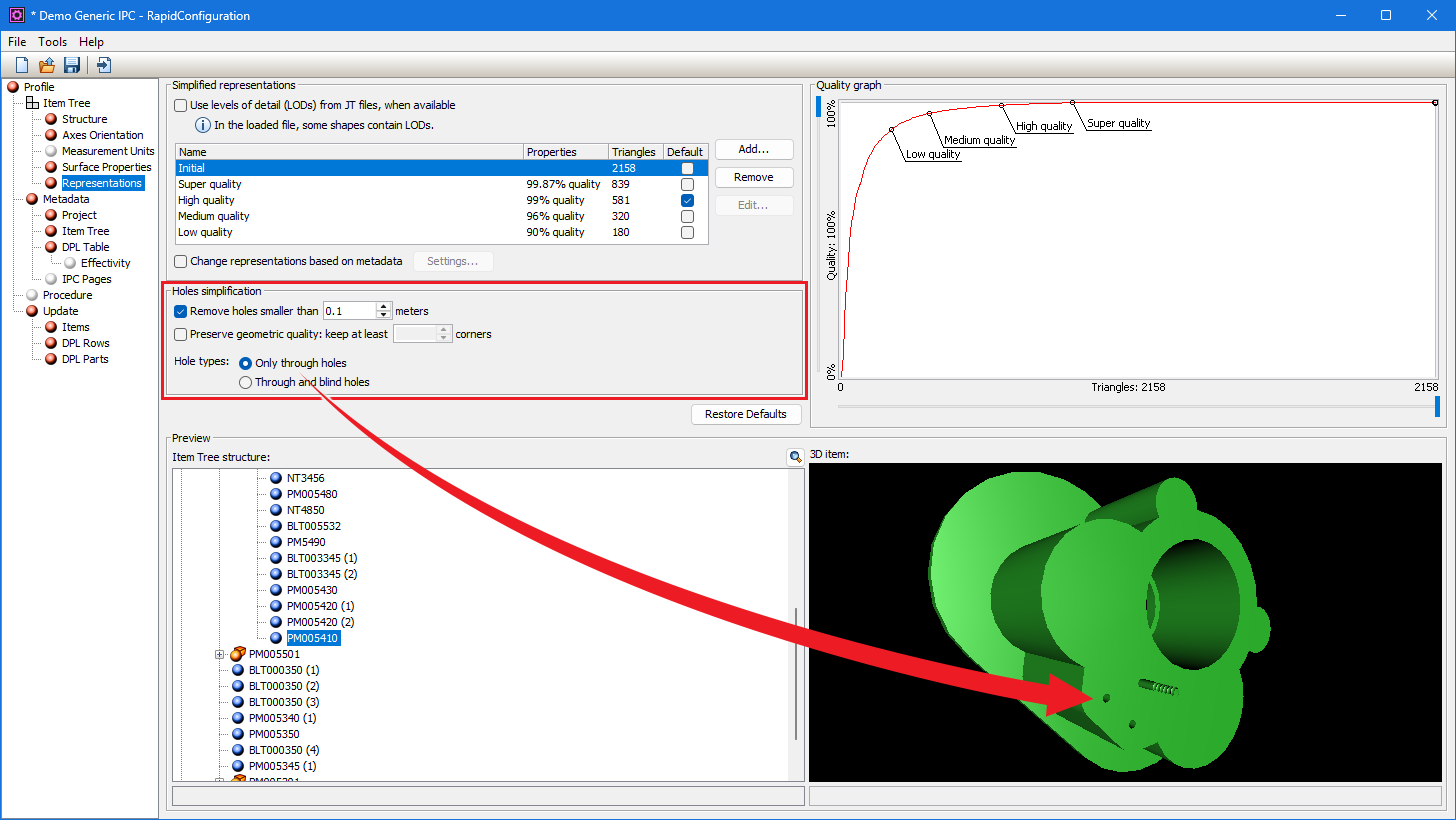 The new Holes simplification settings