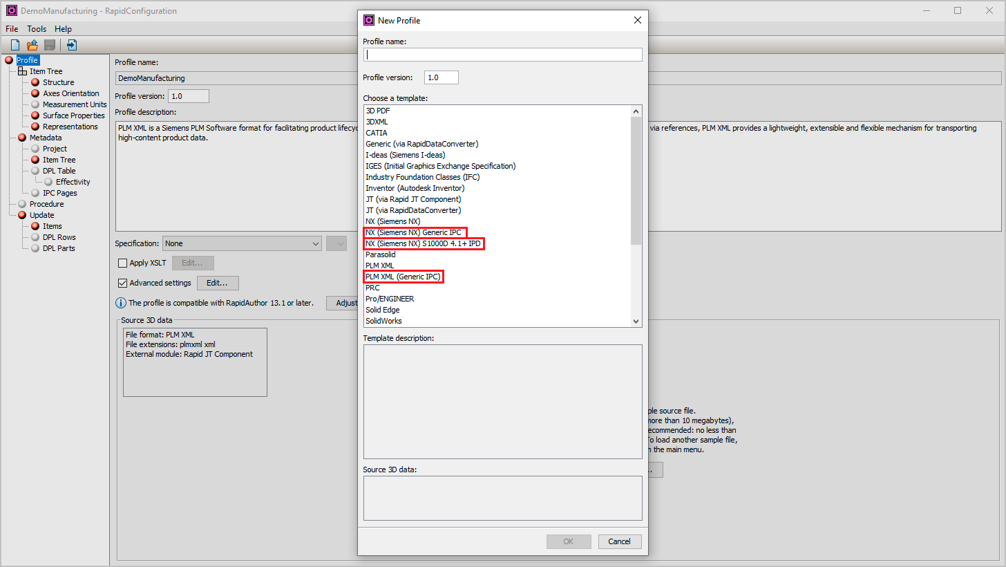 New import profiles for NX and PLMXML data
